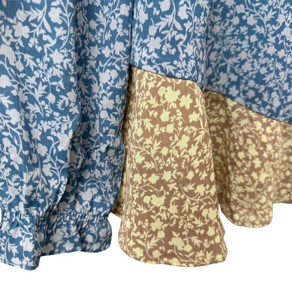 LOGO Lori Goldstein Blouse Large Blue Yellow Floral Ruffle Hem Boho Womens Top - Picture 5 of 7